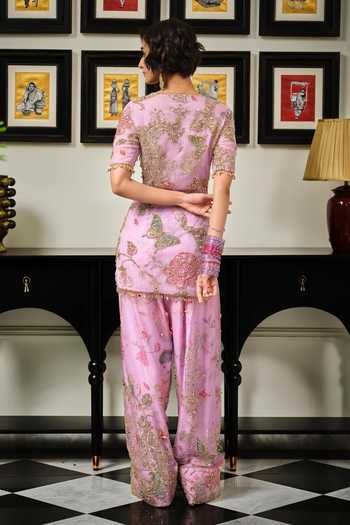 Shop_Mahima Mahajan_Purple Silk Organza Sweetheart Neck, Yes Omaar Embroidered Shirt Kurta Set _Online_at_Aza_Fashions