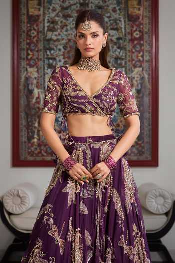 Buy_Mahima Mahajan_Purple , Organza, Velvet V-neck Rayhana Embellished Lehenga Set _Online_at_Aza_Fashions