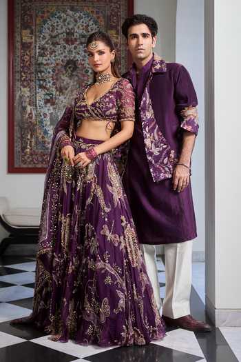 Mahima Mahajan_Purple , Organza, Velvet V-neck Rayhana Embellished Lehenga Set _Online