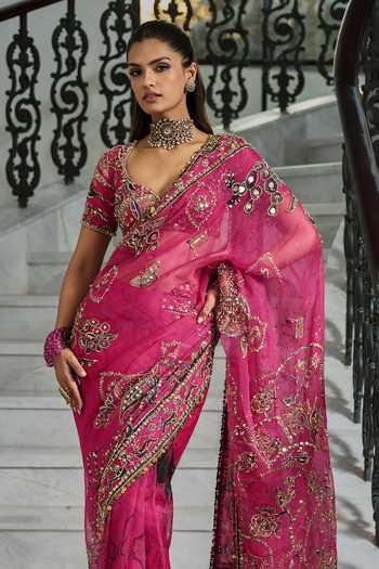 Shop_Mahima Mahajan_Pink Silk Organza Reem Embroidered Saree With Blouse _at_Aza_Fashions