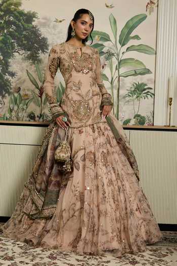 Buy_Mahima Mahajan_Beige Silk Organza Keyhole Neck Safia Embroidered Kurta Lehenga Set 