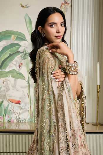 Shop_Mahima Mahajan_Beige Silk Organza Embroidery, Sequins, Zari, Stones Saina Corset Lehenga Set _at_Aza_Fashions