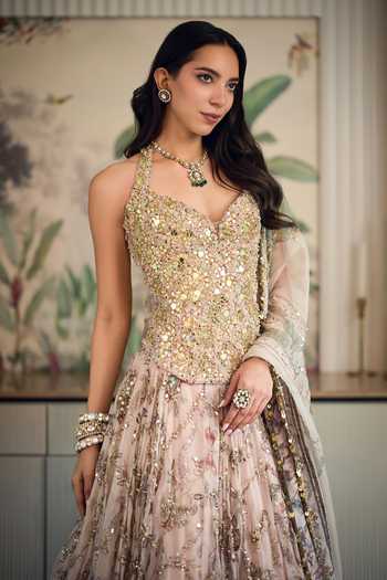 Mahima Mahajan_Beige Silk Organza Embroidery, Sequins, Zari, Stones Saina Corset Lehenga Set _Online_at_Aza_Fashions