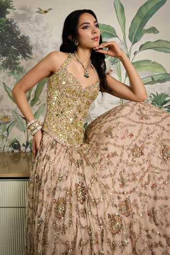 Buy_Mahima Mahajan_Beige Silk Organza Embroidery, Sequins, Zari, Stones Saina Corset Lehenga Set _Online_at_Aza_Fashions