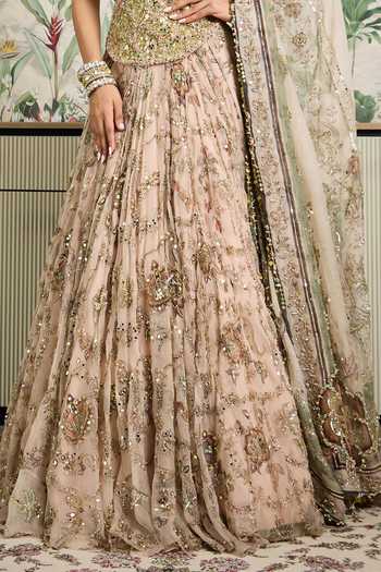 Shop_Mahima Mahajan_Beige Silk Organza Embroidery, Sequins, Zari, Stones Saina Corset Lehenga Set _Online_at_Aza_Fashions
