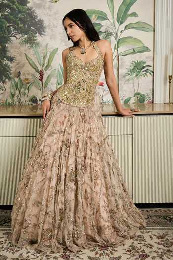 Mahima Mahajan_Beige Silk Organza Embroidery, Sequins, Zari, Stones Saina Corset Lehenga Set _at_Aza_Fashions