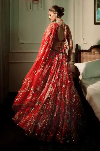 Shop_Mahima Mahajan_Red Organza, Velvet, Scoop Neck Saya Embroidered Lehenga Set _at_Aza_Fashions