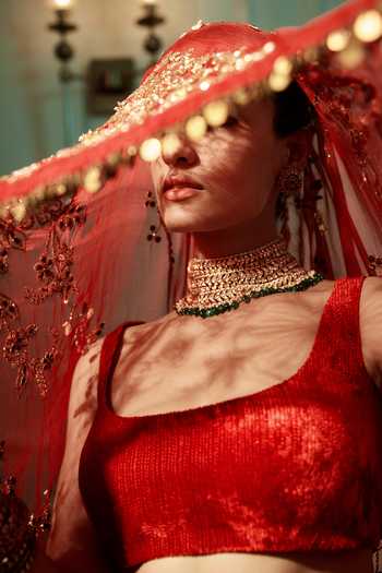 Mahima Mahajan_Red Organza, Velvet, Scoop Neck Saya Embroidered Lehenga Set _Online_at_Aza_Fashions