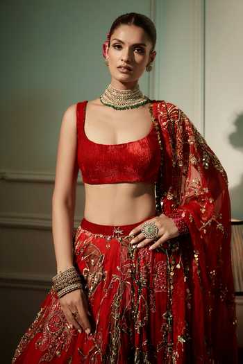Shop_Mahima Mahajan_Red Organza, Velvet, Scoop Neck Saya Embroidered Lehenga Set _Online_at_Aza_Fashions