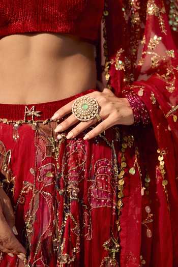 Mahima Mahajan_Red Organza, Velvet, Scoop Neck Saya Embroidered Lehenga Set _at_Aza_Fashions
