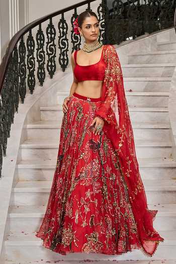 Buy_Mahima Mahajan_Red Organza, Velvet, Scoop Neck Saya Embroidered Lehenga Set 