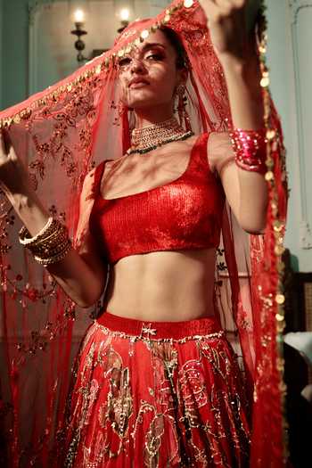 Shop_Mahima Mahajan_Red Organza, Velvet, Scoop Neck Saya Embroidered Lehenga Set 