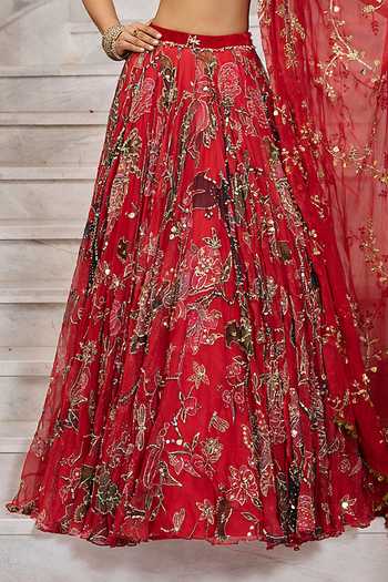 Mahima Mahajan_Red Organza, Velvet, Scoop Neck Saya Embroidered Lehenga Set _Online