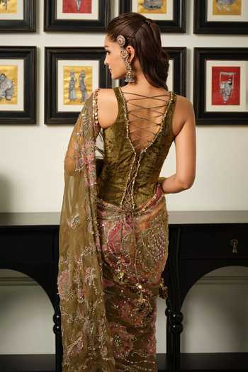 Shop_Mahima Mahajan_Green , Organza, Velvet Embroidery, Sequins Sayari Saree With Corset _at_Aza_Fashions