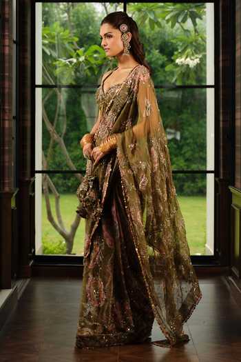 Mahima Mahajan_Green , Organza, Velvet Embroidery, Sequins Sayari Saree With Corset _Online_at_Aza_Fashions