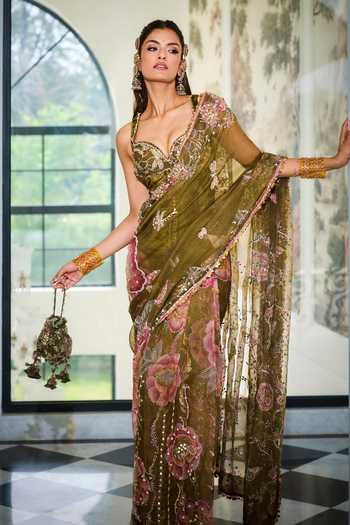 Buy_Mahima Mahajan_Green , Organza, Velvet Embroidery, Sequins Sayari Saree With Corset _Online_at_Aza_Fashions