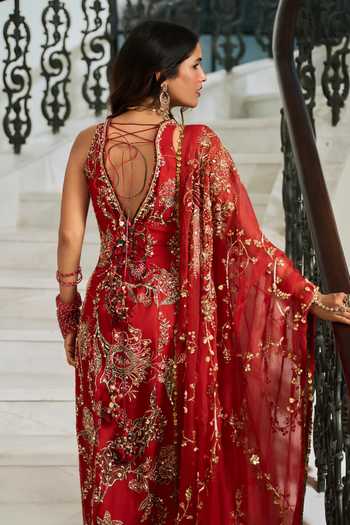 Shop_Mahima Mahajan_Red Silk Organza V-neck, Yes Shifa Baroque Embroidered Kurta Set _at_Aza_Fashions
