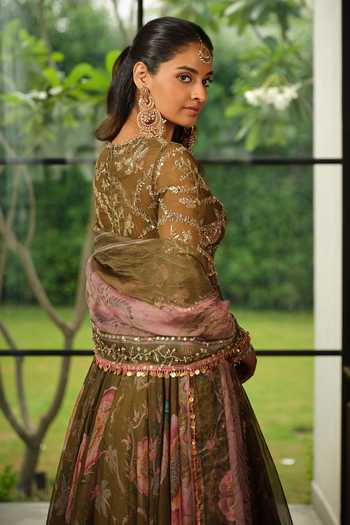 Mahima Mahajan_Green Silk Organza Keyhole Neck Sneha Floral Print Anarkali With Dupatta _Online_at_Aza_Fashions