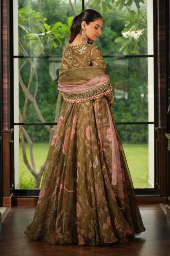 Buy_Mahima Mahajan_Green Silk Organza Keyhole Neck Sneha Floral Print Anarkali With Dupatta _Online_at_Aza_Fashions