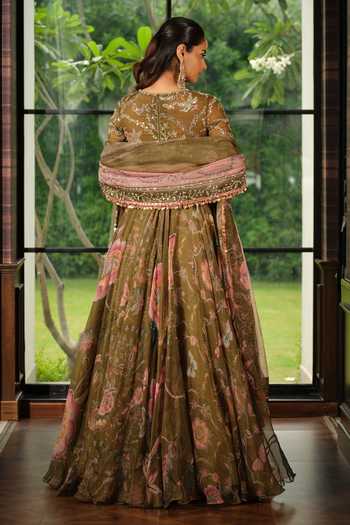 Shop_Mahima Mahajan_Green Silk Organza Keyhole Neck Sneha Floral Print Anarkali With Dupatta _at_Aza_Fashions