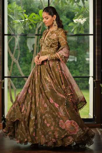 Shop_Mahima Mahajan_Green Silk Organza Keyhole Neck Sneha Floral Print Anarkali With Dupatta _Online_at_Aza_Fashions