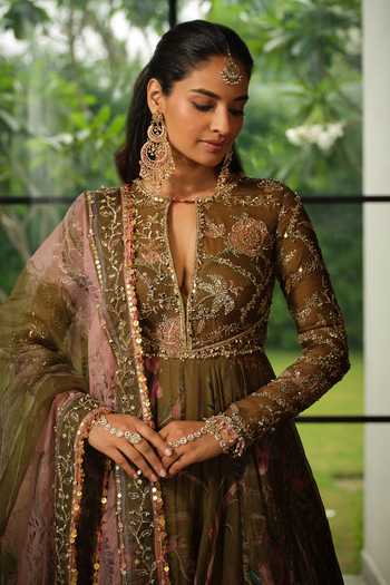 Mahima Mahajan_Green Silk Organza Keyhole Neck Sneha Floral Print Anarkali With Dupatta _at_Aza_Fashions