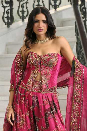 Shop_Mahima Mahajan_Pink , Organza, Velvet Ulfat Embroidered Corset Farshi Pant Set _at_Aza_Fashions
