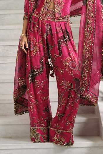 Mahima Mahajan_Pink , Organza, Velvet Ulfat Embroidered Corset Farshi Pant Set _Online_at_Aza_Fashions
