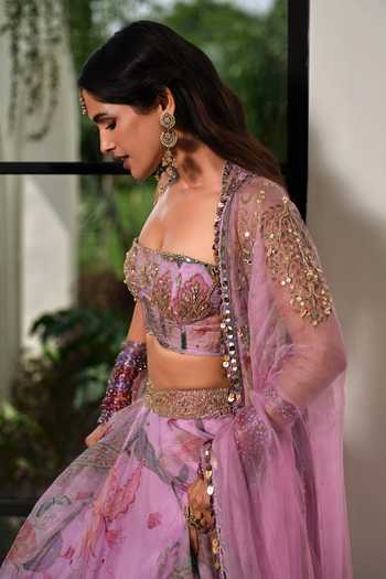 Mahima Mahajan_Purple Silk Organza Square Neck Varda Printed And Embroidered Lehenga Set _Online_at_Aza_Fashions