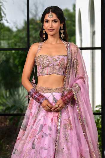 Buy_Mahima Mahajan_Purple Silk Organza Square Neck Varda Printed And Embroidered Lehenga Set _Online_at_Aza_Fashions