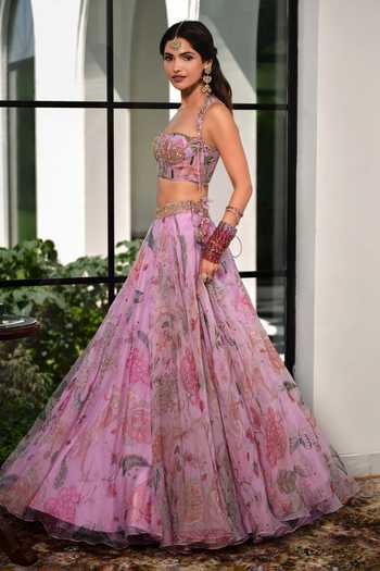 Shop_Mahima Mahajan_Purple Silk Organza Square Neck Varda Printed And Embroidered Lehenga Set _Online_at_Aza_Fashions