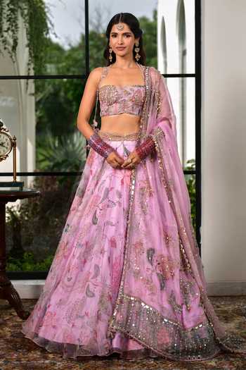 Buy_Mahima Mahajan_Purple Silk Organza Square Neck Varda Printed And Embroidered Lehenga Set _at_Aza_Fashions