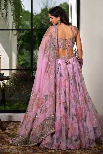 Shop_Mahima Mahajan_Purple Silk Organza Square Neck Varda Printed And Embroidered Lehenga Set _at_Aza_Fashions