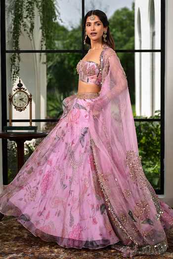 Buy_Mahima Mahajan_Purple Silk Organza Square Neck Varda Printed And Embroidered Lehenga Set 