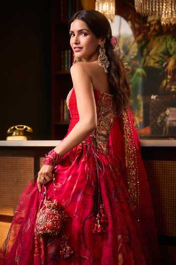 Mahima Mahajan_Pink Organza, Velvet, Embroidery, Vartika Corset Printed Lehenga Set _Online_at_Aza_Fashions