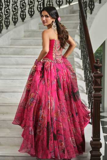 Buy_Mahima Mahajan_Pink Organza, Velvet, Embroidery, Vartika Corset Printed Lehenga Set _Online_at_Aza_Fashions