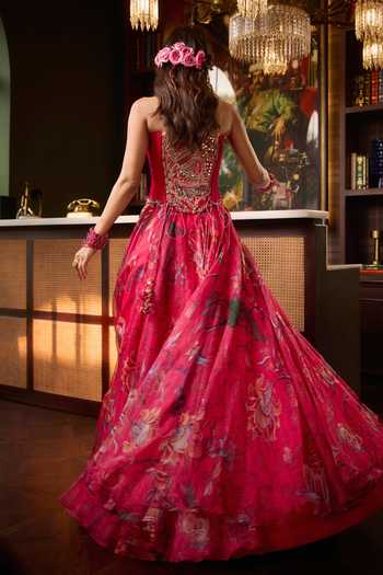 Shop_Mahima Mahajan_Pink Organza, Velvet, Embroidery, Vartika Corset Printed Lehenga Set _at_Aza_Fashions