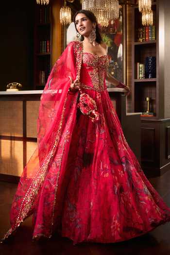 Shop_Mahima Mahajan_Pink Organza, Velvet, Embroidery, Vartika Corset Printed Lehenga Set _Online_at_Aza_Fashions