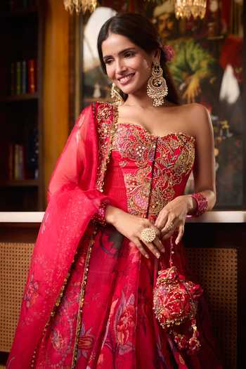 Mahima Mahajan_Pink Organza, Velvet, Embroidery, Vartika Corset Printed Lehenga Set _at_Aza_Fashions