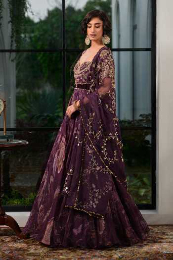 Mahima Mahajan_Purple Organza, Velvet, Zariah Printed Anarkali With Dupatta _Online_at_Aza_Fashions