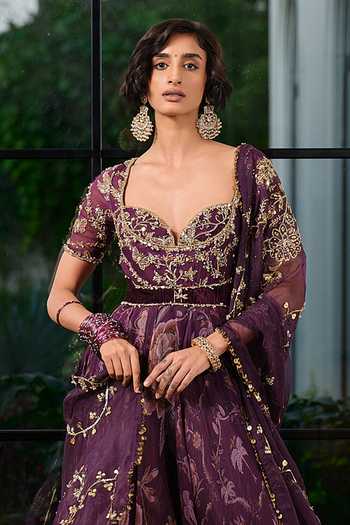 Buy_Mahima Mahajan_Purple Organza, Velvet, Zariah Printed Anarkali With Dupatta _Online_at_Aza_Fashions