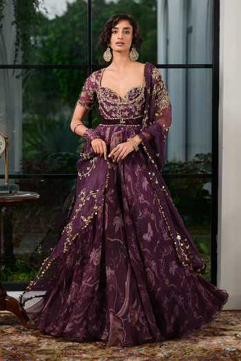 Buy_Mahima Mahajan_Purple Organza, Velvet, Zariah Printed Anarkali With Dupatta _at_Aza_Fashions