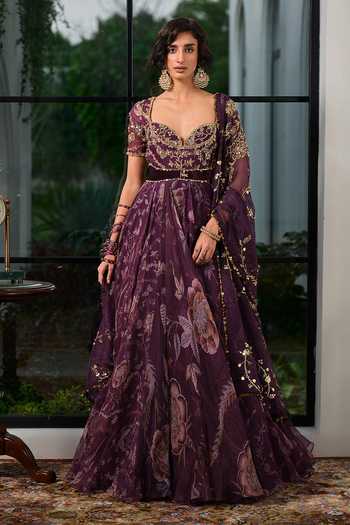 Shop_Mahima Mahajan_Purple Organza, Velvet, Zariah Printed Anarkali With Dupatta _at_Aza_Fashions
