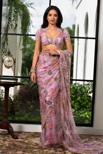 Buy_Mahima Mahajan_Purple Silk Organza Sweetheart Neck, Zena Floral Pattern Saree With Blouse _at_Aza_Fashions