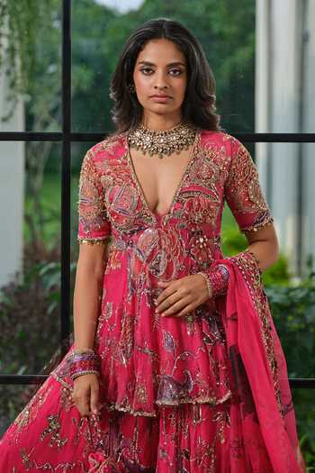 Shop_Mahima Mahajan_Pink Silk Organza Plunge Neck, Yes Zia Floral Peplum Kurta Sharara Set _Online_at_Aza_Fashions