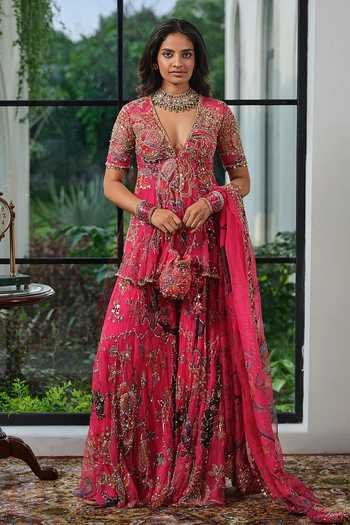 Shop_Mahima Mahajan_Pink Silk Organza Plunge Neck, Yes Zia Floral Peplum Kurta Sharara Set _at_Aza_Fashions