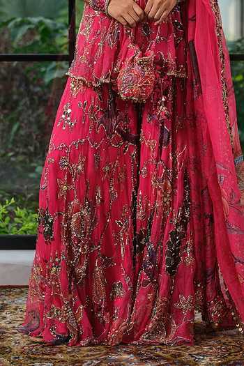 Mahima Mahajan_Pink Silk Organza Plunge Neck, Yes Zia Floral Peplum Kurta Sharara Set _at_Aza_Fashions