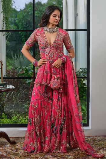 Buy_Mahima Mahajan_Pink Silk Organza Plunge Neck, Yes Zia Floral Peplum Kurta Sharara Set _at_Aza_Fashions