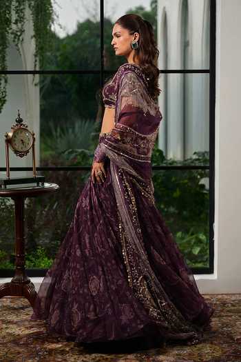 Buy_Mahima Mahajan_Purple Silk Organza Scoop Neck Zoa Floral Print And Embroidered Lehenga Set _Online_at_Aza_Fashions
