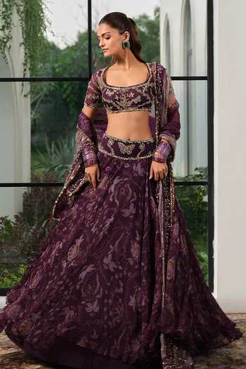 Shop_Mahima Mahajan_Purple Silk Organza Scoop Neck Zoa Floral Print And Embroidered Lehenga Set _Online_at_Aza_Fashions